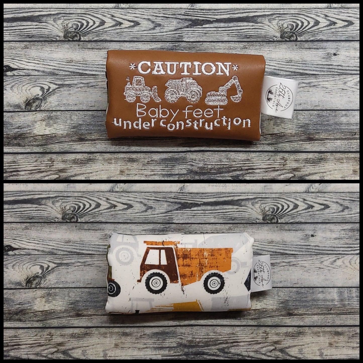 5" Caramel Leather + "Caution Baby feet under construction" Embroidery Design & Construction